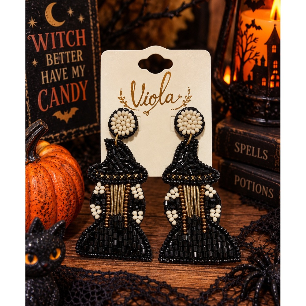 Witch Seed Bead Earrings Halloween Black Beaded Statement Dangle